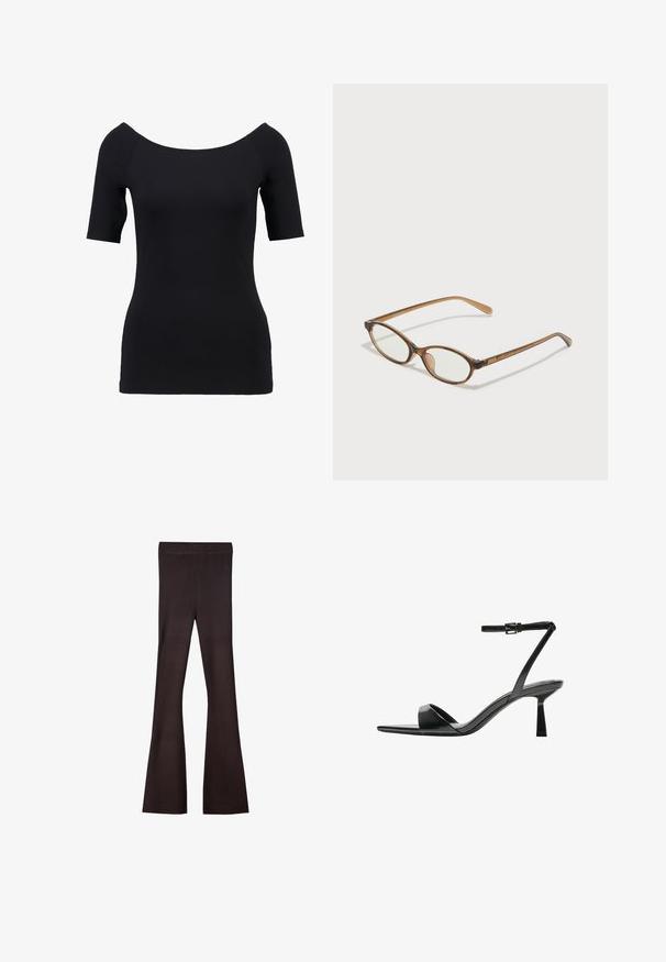 Top scurt negru, cu guler off-the-shoulder, design ajustat și textură fină. Fără modele vizibile sau detalii din hardware.; Bershka Pantaloni - dark brown; Bershka Sandale cu toc - black; Ochelari în nuanță de țestoasă maro, cu lentile ovale, brațe subțiri și accente transparente. Prezintă un logo subtil pe tâmplă. Design elegant și ușor.; Geantă structurată albă, cu mânere scurte și curea de umăr, având accente din metal aurit și material texturat, expusă pe un fundal gri.