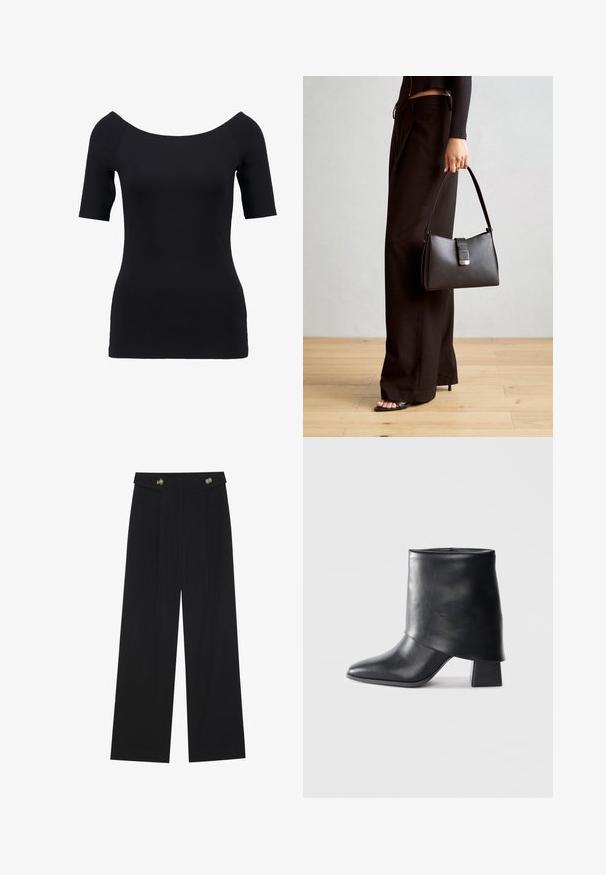 Top nero a maniche corte con scollatura a spalle scoperte, design aderente e texture liscia. Nessun motivo visibile o dettagli hardware.; Pantaloni neri a gamba larga con vita alta, dettagli con bottoni in vita e pieghe frontali.; Stivale in pelle nera alla caviglia con punta affusolata, texture liscia e tacco a blocco strutturato. Presenta un design con risvolto alto.; Borsa nera con forma strutturata, texture liscia e una chiusura metallica. Abbinata a pantaloni neri larghi e sandali open-toe su un pavimento in legno.
