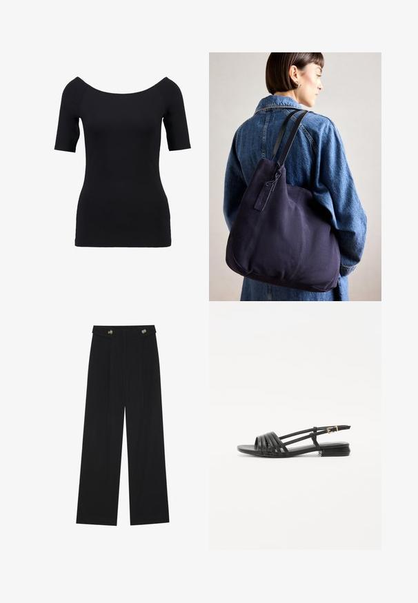 Must have lühikeste varrukatega must topp, millel on õlavarrelt väljaulatuv kaelus, keha lähedane disain ja sile tekstuur. Märgatavaid mustreid ega riistvaraga seotud detaile ei ole.; Mustad laiad püksid kõrge vöökoha ja nööpdetailidega vööandil, esikortsudega.; Mustad mustad sandaalid, millel on rihmaga disain, sisaldades mitmeid nahkrihmu ja peene pahkluu sangaga. Tald on lame ja ristkülikukujuline.; Tumesinise kangast õlalauk, millel on pehme, struktureeritud kuju, must rihm, tikandiga detailid ja väike brändi silt.