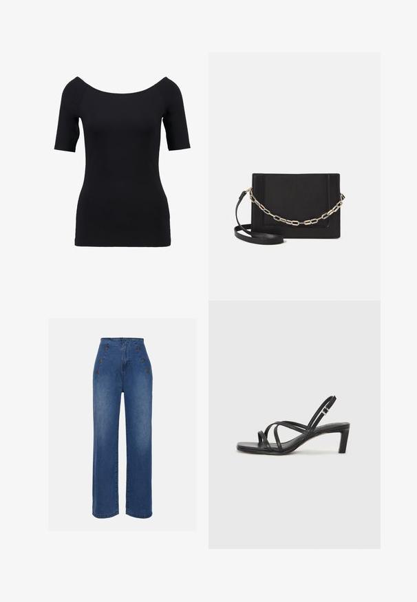 Zwart top met korte mouwen en een off-the-shoulder halslijn, aansluitend ontwerp en een gladde textuur. Geen zichtbare patronen of hardwaredetails.; Hoge taille denim jeans in medium blauw. Bevat knopen aan de voorkant en een wijde pijpontwerp. De stof heeft een gladde textuur met een lichte vervaging.; Zwarte sandaal met bandjes, vierkante teen en een lage blokhak. Voorzien van meerdere dunne bandjes en een verstelbare enkelband. Gemaakt van zacht leer.; Zwarte leren schoudertas met een gladde textuur, rechthoekige vorm en een metallic kettingdetail aan de voorkant. Verstelbare schouderband inbegrepen.