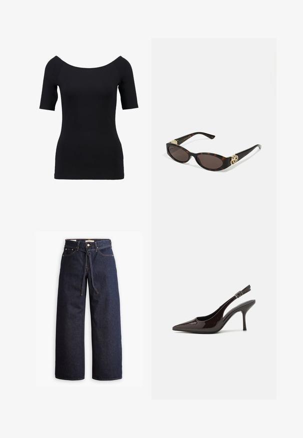 Svart kortermet topp med off-shoulder utringning, tettsittende design og glatt tekstur. Ingen synlige mønstre eller hardware-detaljer.; Viddeben mørkeblå denim jeans med høy midje, som har snøring, fem lommer og kontraststing.; Slingback høyhælte sko i blankt mørkebrunt patentlær, spiss tå, åpne sider og justerbar ankelrem.; Skilpadde-solbriller med avlange ovale linser, brun tint, gull-logo aksenter på stengene og elegante svarte armer.; Bordeaux håndveske med en buet silhuett og en kort stropp, med en gullglidelås og en subtil Calvin Klein-logo på forsiden.