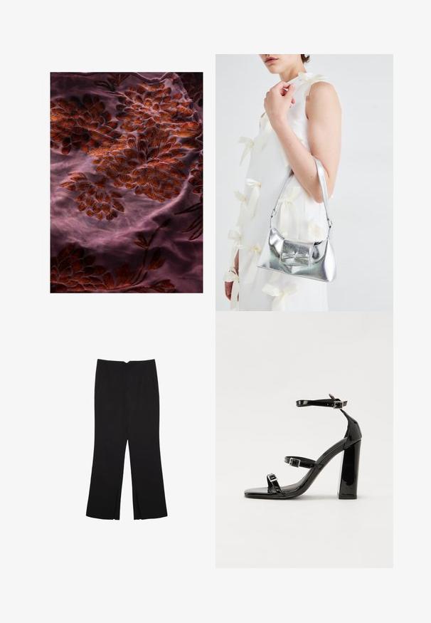 Lila Stoff mit aufwendiger Blumenstickerei in Rot- und Brauntönen, mit einer weichen Textur und zarten Details überall.; Schwarze Hose mit geradem Schnitt, ausgestattet mit Fronttaschen und Seitenschlitzen am Saum. Hergestellt aus weichem, glattem Stoff. Geeignet für verschiedene Anlässe.; Schwarze patentierte Sandalen mit Absatz, quadratischer Spitze, Knöchelriemen und silbernen Schnallen. Mit einem stabilen Blockabsatz für mehr Stabilität.; Silberne metallische Handtasche mit strukturierter Form, ausgestattet mit einem oberen Griff und einer Schleifenapplikation auf der Vorderseite. Glatte Textur, reflektierendes Finish.