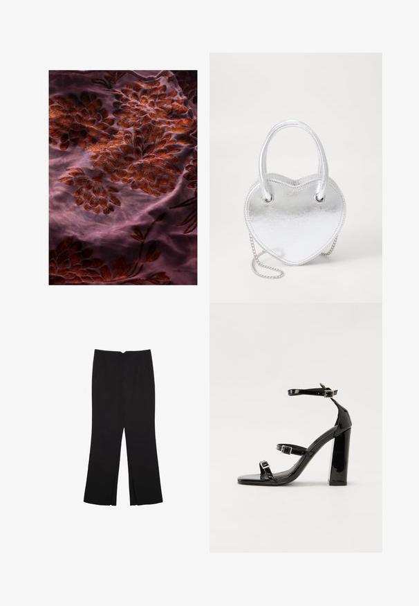 Lilla stof med intrikate blomsterbroderier i nuancer af rød og brun, med en blød tekstur og fine detaljer hele vejen igennem.; Sorte bukser med lige pasform, der har frontlommer og slidser i kanten. Lavet af blødt, glat stof. Velegnet til forskellige anledninger.; Sorte patenterede hælsandaler med firkantet tå, ankelremme og sølvspænder. Har en chunky blokHæl for stabilitet.; Sølvmetallic hjerteformet håndtaske med to håndtag, kædestrop og glat tekstur. Har metalhardware og syede kanter.