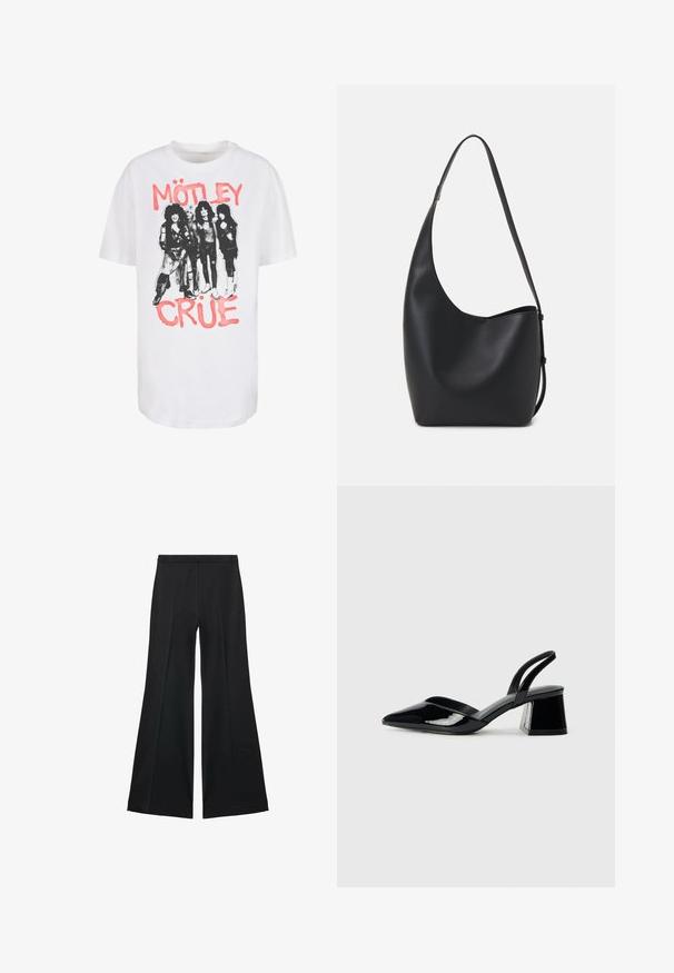 White cotton t-shirt featuring a black and white graphic of four figures, with "MÖTLEY" and "CRÜE" in pink, bold lettering above and below.; Black wide-leg pants with a smooth texture, featuring front pleats and a tailored design. The fabric is lightweight and flowy.; Black patent leather slingback heels with a pointed toe and a geometric block heel. Features a sleek, minimal design and smooth texture.; Black leather hobo bag with a smooth texture, curved shape, and single adjustable strap; features a wide opening at the top.