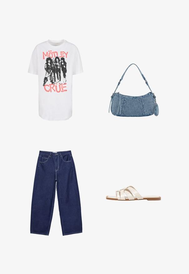 Bílý bavlněný tričko s černobílou grafikou čtyř postav, s nápisy "MÖTLEY" a "CRÜE" v růžovém tučném písmu nahoře a dole.; Tmavě modré džínové kalhoty širokého střihu s vysokým pasem, pěti kapsami a kontrastním bílým šitím. Hladký povrch, klasický design.; Ploché sandály s hnědou gumovou podrážkou, navržené se třemi překrývajícími se bílými koženými řemínky a malým mašlí uprostřed.; Džínová kabelka s zakřiveným tvarem, světle modré barvy, nastavitelným ramenním popruhem a malou odnímatelnou kapsičkou s metalickými akcenty.