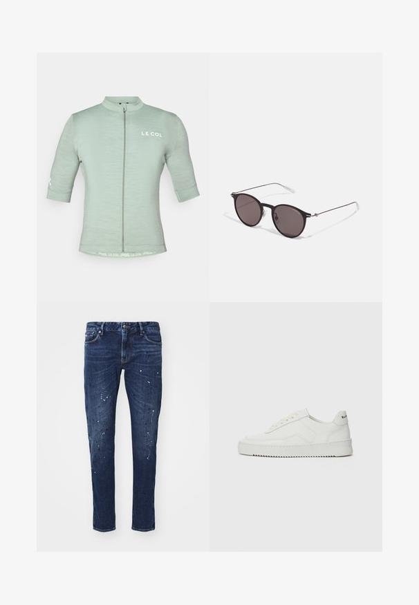 Heled roheline lühikeste varrukatega jalgrattajope, millel on ees lukk, peegeldav logo ja minimalistik disain; tekstuuriga kude, mis on lähedase istuvusega.; Tumed sinised teksad kitsas lõikega, millel on värvivired, nähtavad õmblused ja tavaline viie tasku disain. Sirge sääre lõige.; Valge nahast tennis, millel on sile põhi, ümar varvas, lamedad nöörid ja tekstuuriline tall. Sisaldab diskreetset logo kontsaribal.; Mustad mustad prillid tumedate läätsedega ja õhukeste metallist käepidemetega. Kaarja kujuga seljaosa ja hõbedased aktsendid hingel. Minimalistlik disain.