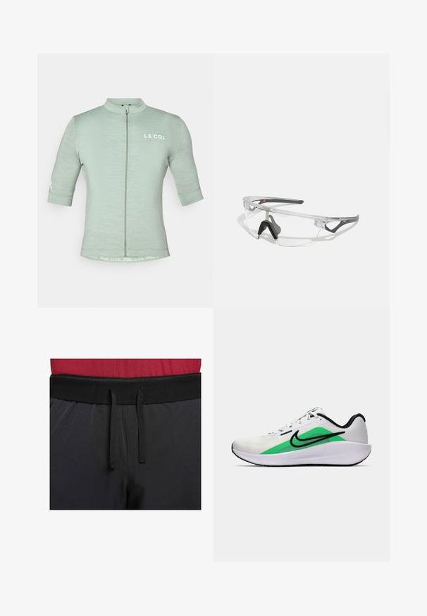 Jasnozielona koszulka rowerowa z krótkim rękawem, z zamkiem błyskawicznym z przodu, odblaskowym logo i minimalistycznym designem; teksturowana tkanina o dopasowanym kroju.; Czarne spodnie sportowe mają szeroki pas zewnętrzny ze sznurkiem. Tkanina jest gładka, lekko połyskująca i bez widocznych wzorów.; Białe buty sportowe z zielonym akcentem, czarnym logo, siateczkową cholewką, amortyzowaną podeszwą i zaokrąglonym obcasem. Posiada sznurowadła i kontrastowe wykończenie.; Przezroczyste okulary ochronne z lekką, przezroczystą ramką i szarymi akcentami. Posiadają opływowy kształt oraz regulowany nosek.