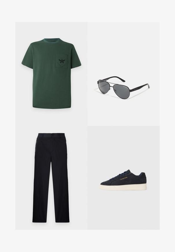 Grønn kortermet t-skjorte laget av bomull, med en lomme som har en svart brodert logo og kontrastfarge på halslinningen. Enkel design med sømløse kanter.; Sorte bukser med lett og teksturert stoff, rett ben-design, elastisk midjebånd og sidelommer med glidelås.; Marineblå ankelhøyde sneakers i semsket skinn med hvit såle, marineblå snøringer, og "Filling Pieces"-logo i gull på siden.; Svarte pilotbriller med mørke linser, tynn metallramme og slanke plastarmer med logo aksenter.