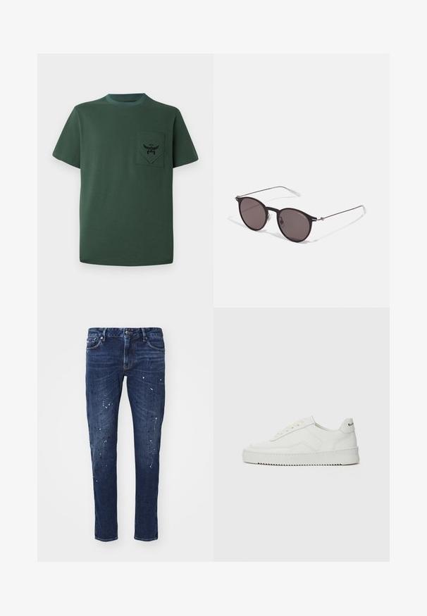 Tricou verde cu mânecă scurtă, din bumbac, având un buzunar cu un logo brodat negru și decolteu contrastant. Design simplu cu margini fără cusături.; Jeans din denim de culoare albastru închis, cu o croială slim, prezentând stropi de vopsea, cusături vizibile și un design standard cu cinci buzunare. Croială dreaptă a piciorului.; Sneakers din piele albă cu un finisaj neted, vârf rotund, șireturi plate și o talpă texturată. Prezintă un logo subtil pe călcâi.; Ochelari de soare negri rotunzi cu lentile întunecate și brațe metalice subțiri. Include vârfuri transparente pentru brate și accente argintii la balama. Design minimalist.