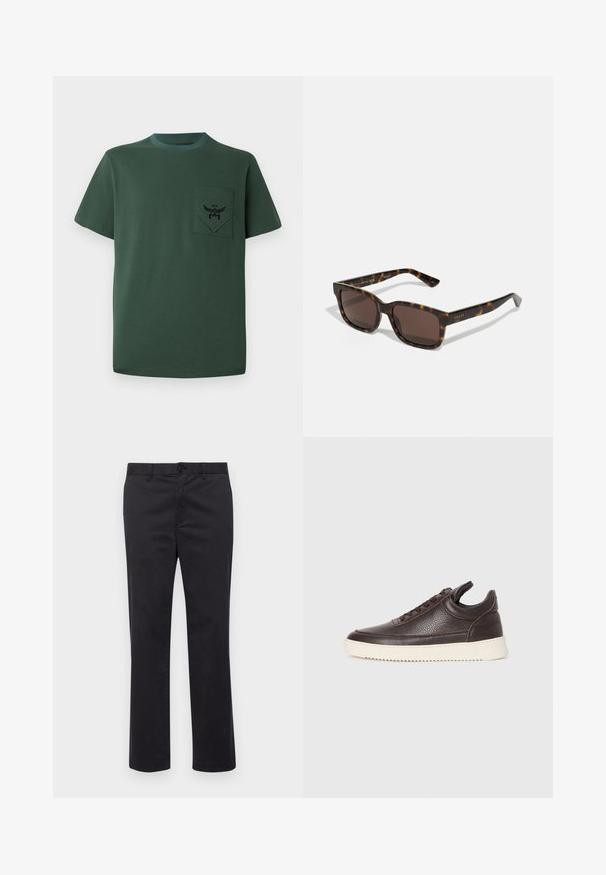 Zelené tričko s krátkým rukávem vyrobené z bavlny, s kapsou a černě vyšívaným logem a kontrastním výstřihem. Jednoduchý design s hladkými okraji.; Černé bavlněné kalhoty se střihovým designem rovného nohavice, s knoflíkovým zapínáním a poutky na opasek. Hladká textura, žádné viditelné vzory nebo akcenty.; Tmavě hnědé texturované kožené tenisky s šněrováním a bílou rýhovanou gumovou podrážkou na jednobarevném světlém pozadí.; Sluneční brýle Gucci se čtvercovými, želvovinovými plastovými obroučkami a hnědými čočkami. Obsahují jemné branding na spáncích.