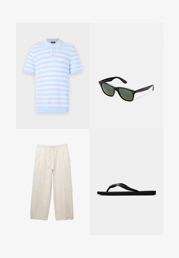 Lichtblauwe poloshirt met korte mouwen, met horizontale strepen en een gestructureerd patroon. Knopsluiting en geribbelde kraagdetails.; Linnen broeken in lichtbeige, met een elastische tailleband met een trekkoord, een wijde pasvorm en zijzakken. Gladde textuur.; Zwarte rubberen flip-flop sandaal met een getextureerde strap en een eenvoudige platte zool, zijaanzicht op een effen lichte achtergrond.; Zwarte plastic zonnebril met groene lenzen, vierkante montuur, zilveren accent op de wenkbrauw en een gestructureerde tempel. Merken vermeld op de binnenkant van de arm.
