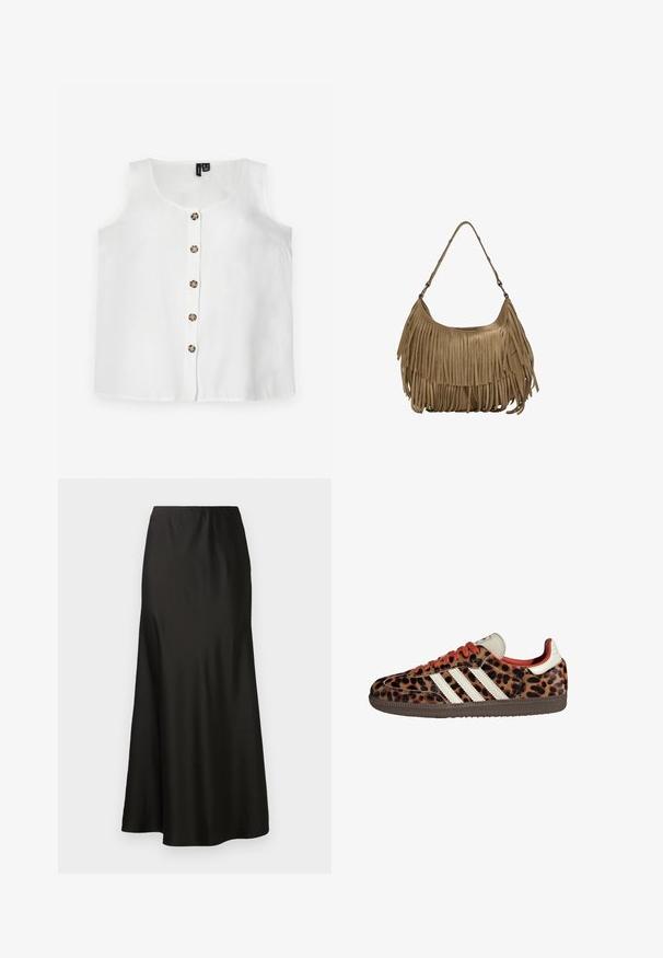 Bela brezrokavna majica iz lahkega materiala, z okroglim izrezom in sprednjim gumbom s šestimi okroglimi rjavimi gumbi.; Črna satenska maxi krila z gladko teksturo, visokim pasom in razširjenim dnom. Ima preprost dizajn brez vidnih vzorcev ali kovinskih delov.; Teniske z leopardjim vzorom iz semiša, rdečimi vezalkami in tremi belimi črtami ob strani. Imajo kremasto barvo jezička in rjavo podplat.; Rjava zamskasta torbica z dolgimi resicami, ukrivljenim oblikovanjem in enim naramnim trakom. Ima gladko, teksturirano površino.