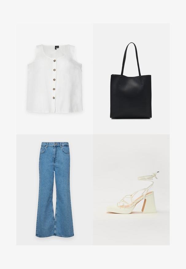 Balta bezpiegu augšdaļa, izgatavota no viegla auduma, ar apaļu kakla izgriezumu un priekšējo pogu aizdari, kas sastāv no sešām apaļām brūnām pogām.; Gaiši zili, platā piegriezuma džinsi, kas izgatavoti no denima, ar augstu jostasvietu, piecām kabatām un vienu pogu. Mīksta tekstūra ar nolietotu apdari.; Baltas augstpapēžu sandales ar masīvu papēdi, ar siksnu dizainu un potītes saistītiem elementiem. Gluda tekstūra ar platformu priekšpusē, lai nodrošinātu papildu augstumu.; Melnas ādas somiņa ar gludu tekstūru, taisnstūra formu un divām garām rokturiem. Nav redzamu aparatūras vai rotājumu.