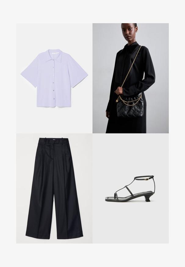 Camicia viola a maniche corte con colletto a punta, realizzata in tessuto liscio, con chiusura a bottoni e silhouette ampia.; Pantaloni neri a gamba larga realizzati in un tessuto morbido, con vita alta, pieghe e un design sartoriale. Finiture semplici in nero in vita.; Sandalo in pelle nera con punta quadrata, cinturini sottili, cinturino alla caviglia regolabile e tacco basso. Presenta un piccolo accento dorato sul cinturino.; Borsa a tracolla in pelle nera trapuntata con apertura arricciata, tracolla in catena dorata e forma rettangolare, appoggiata su uno sfondo semplice.