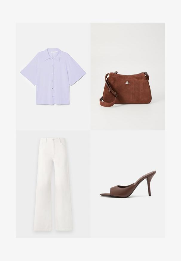 Košeľa s krátkym rukávom v levanduľovej farbe, s špicatým golierom, vyrobená z hladkej tkaniny, s gombíkovým zapínaním a jedným strihom.; Biele, vysoko pásové široké nohavice vyrobené z denimu. Obsahujú gombíkovú zatváranie, dve predné vrecká a bočné švy s detailmi šitia.; Hnedé kožené sandále na vysokom opätku s otvorenou špičkou a elegantným dizajnom, s širokým predným pásikom a štíhlou stiletto pätou.; Hnedá semišová kabelka so zipsovým uzáverom, nastaviteľným ramenným popruhom a striebornými akcentmi, s jemným textúrovaným povrchom.