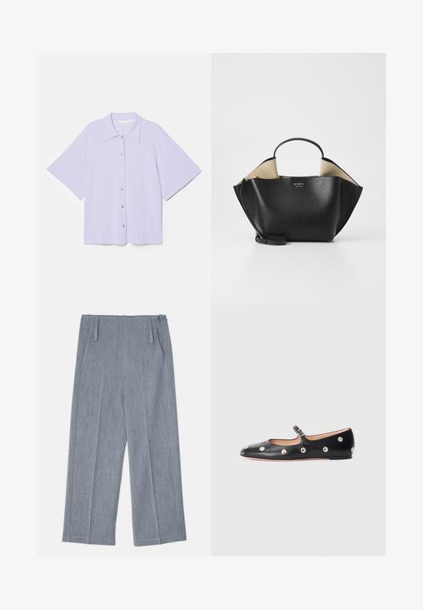 Košulja s kratkim rukavima u lavandi s oštrim ovratnikom, izrađena od glatkog materijala, s gumbima sprijeda i kutnim oblikom.; Svijetlosive hlače širom nogavicom od teksturiranog materijala, s dva prednja nabora i dva bočna dzepa. Čist, krojeni dizajn.; Crne kožne Mary Jane balerinke s zaobljenim vrhom, koje sadrže srebrne kružne zakovice i podesivu traku s kopčom.; Ree Projects ANN TOTE MINI - Ručna torba - black