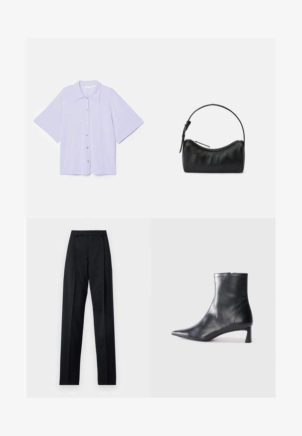 Kortærmet lavendel skjorte med spids krave, lavet af glat materiale, med en knaplukning foran og en firkantet silhuet.; Sorte bukser lavet af glat stof, der har høj talje, brede ben, frontfolder og klassiske bælteløkker. Ingen synlige sidelommer.; Sort læder ankelstøvle med spids tå og et strømlinet design. Har en lav hæl og en lynlås lukning bagpå. Glat tekstur.; Sort læder skuldertaske med et buet design, lynlåslukning og en slank rem. Har en glat tekstur og diskrete syninger.