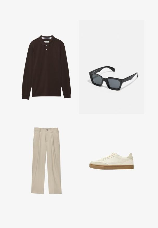 Dlhý rukáv polo tričko z tmavohnedej bavlny, s golierom, trojradovým zapínaním na gombíky a bielymi pruhmi. Hladká textúra.; Béžové nohavice s rovný strihom, s jedným čiernym gombíkom, pútkami na opasok a bočnými vreckami. Hladká textúra látky a minimálny dizajn.; Biele kožené nízke tenisky s béžovými akcentmi a textúrovanou gumovou podrážkou. Obsahujú tónované švy a zaoblený tvar špičky.; Čierne obdĺžnikové slnečné okuliare s tmavými sklami. Plastový rám s lesklým povrchom, s širokým mostíkom a mierne zúženými stranami.; Čierne kožené rukavice s hladkou textúrou, elegantným dizajnom a výrazným prešívaním pozdĺž prstov, pričom každý prst má mierne zaoblený hrot.