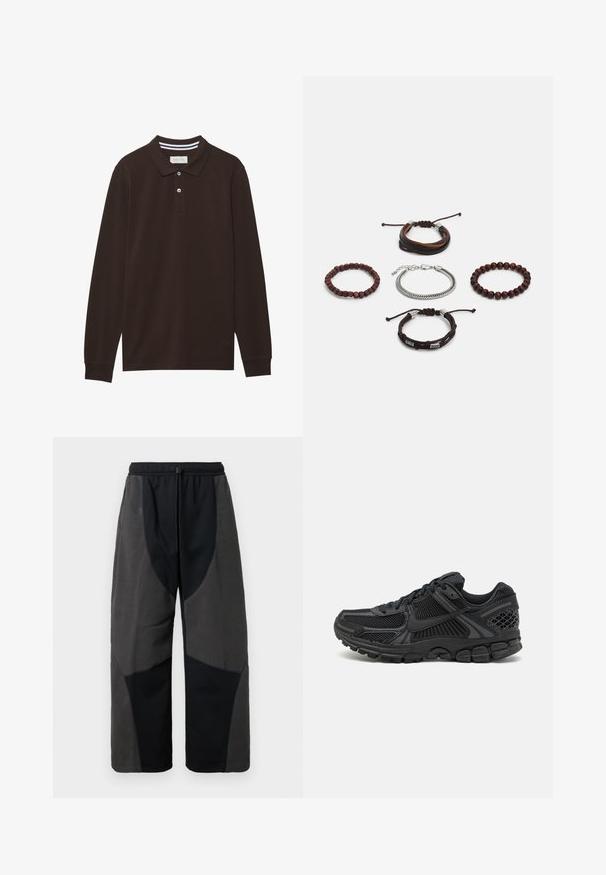 Langærmet poloshirt i mørkebrun bomuld med krave, tre-knaps lukning og hvide striber som accent. Glat tekstur.; Fleece-forstærkede sorte bukser med en afslappet pasform, der har kontrasterende mørkegrå stofpaneler og en justerbar snoreliv.; Sort atletisk sko med overdækning af mesh, gummisål og teksturerede detaljer. Designet inkluderer et markant snøresystem og polstret sål.; Sæt af fem armbånd medbrunt læder, træperler og en sølvkæde; varierede teksturer og former med justerbare lukkemekanismer.