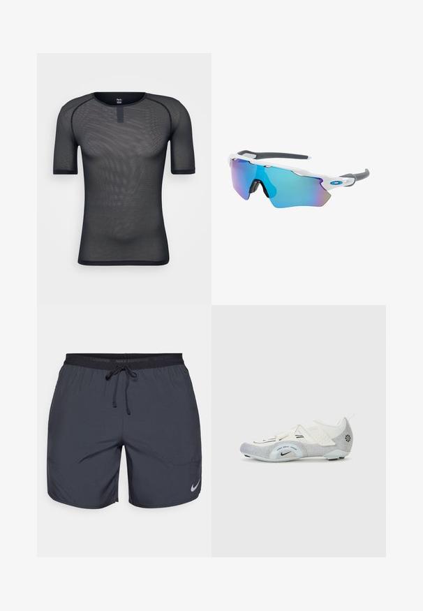 Must mustriga lühikeste varrukatega särk, millel on ümar kaelus ja peen tekstuur. Omab tugevdatud õmblusi ja väikest logo sildi kaela juures.; Nike jooksulühikesed tumedashallid, elastse vöökoha ja paelaga, ning hõbedane logoaktsent paremas allnurgas.; Valged ja hõbedased jalgrattaste kingad, millel on võrkturvas, tekstureeritud detailid, reguleeritavad rihmad ja kummist välistald, mis tagab haarde ja stabiilsuse.; Valged raamidega päikeseprillid, hallide aktsentidega ja siniste peegelprillidega. Sportlik disain, ümber keha kujundus ja reguleeritavad ninasillad.