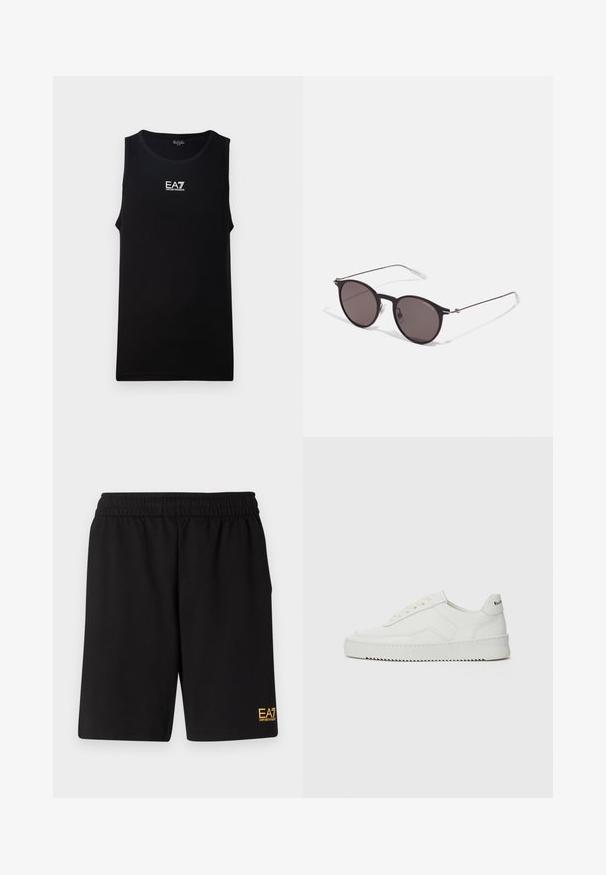 Svart ermeløs tanktop med rund hals. Har en hvit EA7 Emporio Armani-logo på brystet. Laget av glatt stoff.; Sorte treningsshorts laget av mykt stoff, med elastisk midje og en liten gul EA7-logo nederst på venstre ben.; Hvite lærersneakers med en jevn overflate, rund tå, flate lisser og en teksturert såle. Har en subtil logo på hælen.; Sorte, runde solbriller med mørke linser og slanke metalarmer. Inkluderer klare temple tips og sølvfargede detaljer ved hengslet. Minimalistisk design.