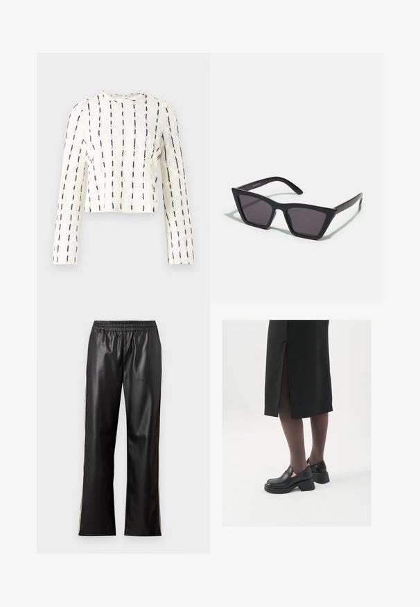 Kreemivärvi pikad varrukad ja mustad vertikaalsed triibud, tekstureeritud kangas peente mustritega, ümara kaelusega ja õmblustega detailidega.; Mustast kunstnahast püksid elastse vöökoha, sirge jala disaini ja kontrastsete külgtriipudega. Sile tekstuur ja minimalistlik stiil.; Mustad mustad jalatsid ümmarguse varbaga, paksu plokkniidi ja elastsete külgdetailidega, kombineeritud tumedate sukkade ja musta lõhikuga seelikuga.; Mustad mustrakellad, millel on hallid šabloonid; valmistatud plastist, paksude ja siledate kätega, ilma nähtava riistvarata.