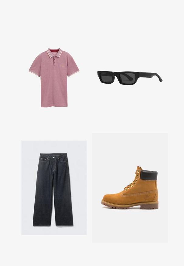 Bordová polo tričko, krátké rukávy, pletená látka, nástavec na dva knoflíky, pruhovaný límec a manžety v kontrastních barvách, logo na hrudi.; Tmavě modré džíny s širokými nohavicemi a vysokým pasem, s měděnými nýty a kontrastním prošíváním, hladkou texturou a bez viditelných vzorů.; Hnědé semišové kotníkové boty s černým polstrovaným límcem, zlatými kovovými očky, bílým prošíváním a odolnou gumovou podrážkou s výraznými drážkami.; Černé sluneční brýle s čtvercovým rámem, silnými stranami a tmavými skly. Vyrobené z plastu, s hladkým matným povrchem.