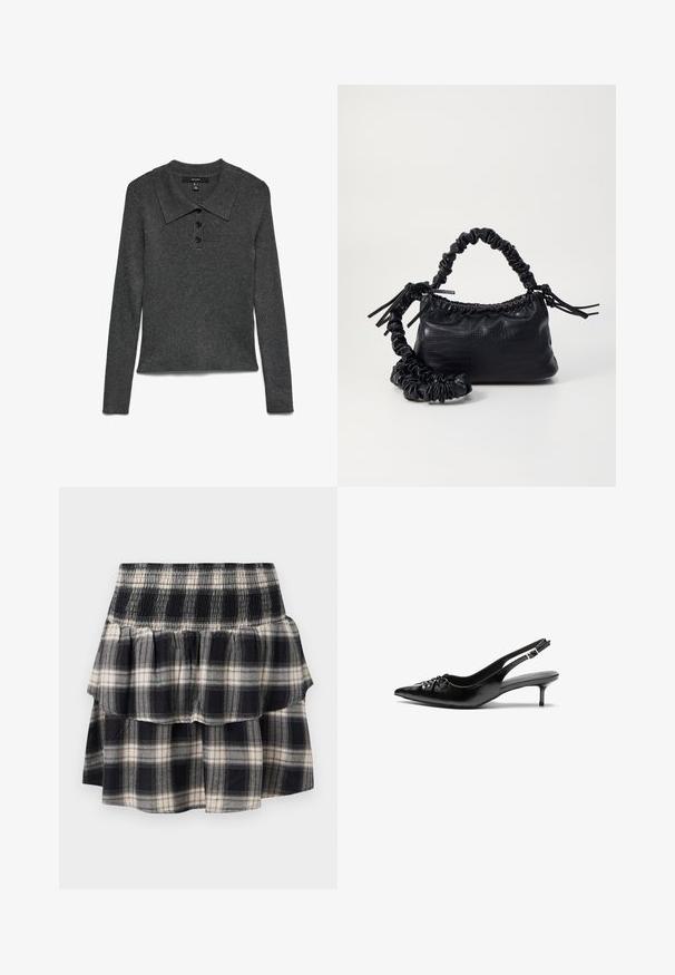 Donkergrijs geribd poloshirt met lange mouwen en kraag, voorzien van drie zwarte knopen bij de halslijn en een iets cropped zoom.; Zwart-wit geruite tiered rok met smock tailleband. Heeft gerimpelde lagen en een zachte katoentextuur.; Zwarte leren slingbackhakken met een spitsen neus, lage kittenhak en geplooide details op het bovendeel. Gladde textuur en minimalistisch ontwerp.; Zwarte nepleer handtas met een krokodillenstructuur, opgedroogde bovenkant en een gekreukte hengsel. Het lijkt zacht en compact van ontwerp.