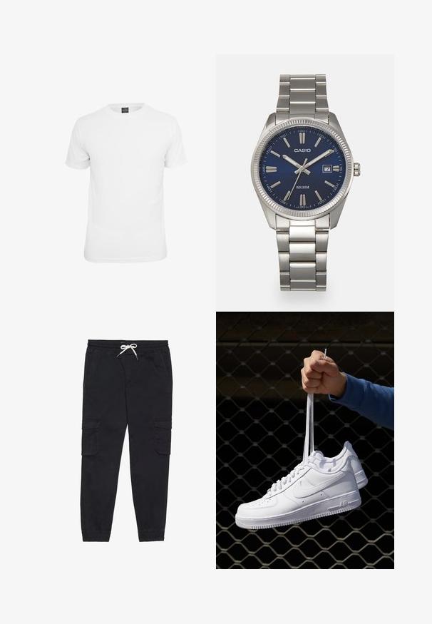 Biely krátky rukáv tričko, vyrobené z bavlny, s okrúhlym výstrihom a hladkou textúrou, navrhnuté pre neformálne nosenie.; Čierne cargo nohavice z bavlny, s elastickým pásom a šnúrkou, bočnými vreckami a zúženými nohavicami.; Biele kožené tenisky s perforáciami, okrúhlou špičkou, plochou podrážkou a hrubými šnúrkami, pričom majú viditeľné logo swoosh a nápis "AIR" na päte.; Strieborné nerezové hodinky s modrým ciferníkom, kovovými hodinovými značkami a dátumovým oknom na 3. hodine. Vodotesné do hĺbky 50 metrov.