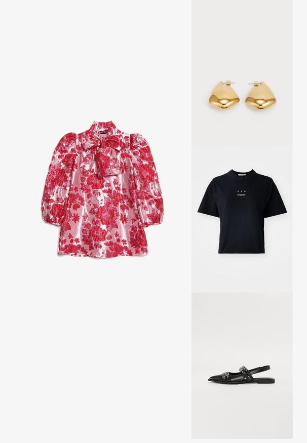 Musta lyhythihainen t-paita, joka on valmistettu puuvillasta ja jossa on pyöreä kaula-aukko. Edessä on keskelle painettu logo, jossa lukee "C P H STUDIOS".; Punainen kukkakuvioinen paita, jossa on pussihihat, korkea kaulus ja rusettiyksityiskohta. Valmistettu kiiltävästä kankaasta, jossa on suuri kuvio isoista kukista vaaleanpunaisella pohjalla.; Even&Odd Takaa avoimet ballerinat - black; Punainen nahkainen olkalaukku, jossa on sileä rakenne, kaareva muotoilu ja koristeellinen solki. Säädettävä hihna ja vetoketjukiinnitys.; Kultaiset metallikorvakorut, joissa on sileä, pyöreä kolmion muoto ja postitaustasuunnittelu; heijastava pinta, jossa on minimaalinen yksityiskohtien määrä.