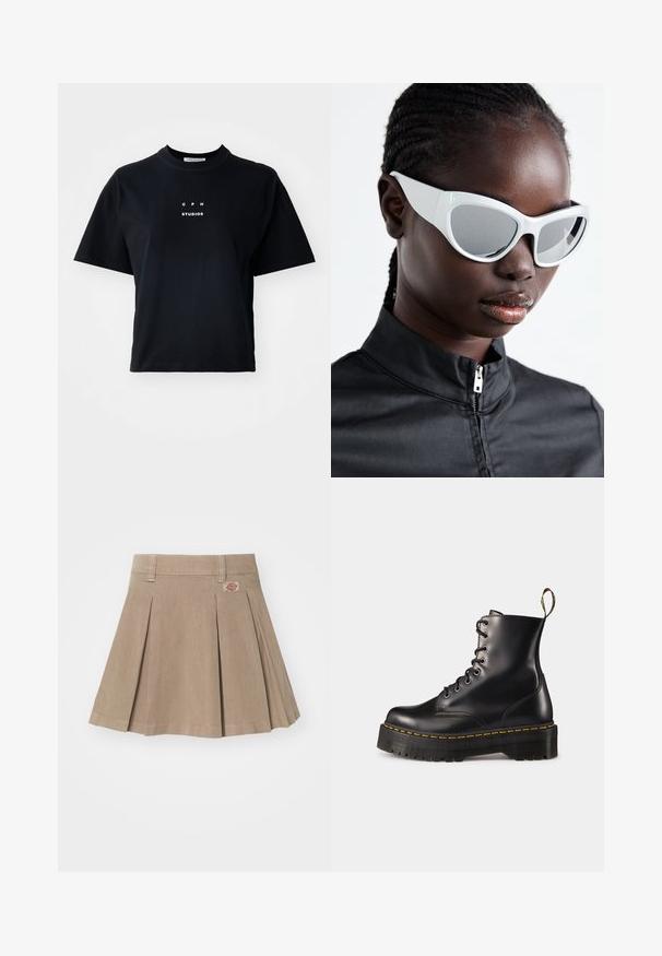 Must värvi lühiä sleeve T-särk, mis on valmistatud puuvillast, omab ümmargust kaelust ja selle esiküljel on trükitud logo "C P H STUDIOS" keskel.; Beez värvi volditud seelik, mis on valmistatud tekstureeritud kangast. Omab vöökohta koos vööaasadega ja logotaskut vasakul ees.; Mustad musta nahast kingad, millel on paks must solk ja kollane õmblus. Tagaküljel on tõmblõng ja ümmargused metallisest silmad.; Valged prillid julge, ülisuurte vormidega ja peegeldavate läätsedega, millel on siledad plastikust raamid ja rõhutatud kõverused.; Hõbedased rõngassüstid läikiva viimistlusega, millel on ümmargune disain ja sujuvad hinged, mis näitavad sileda tekstuuri.