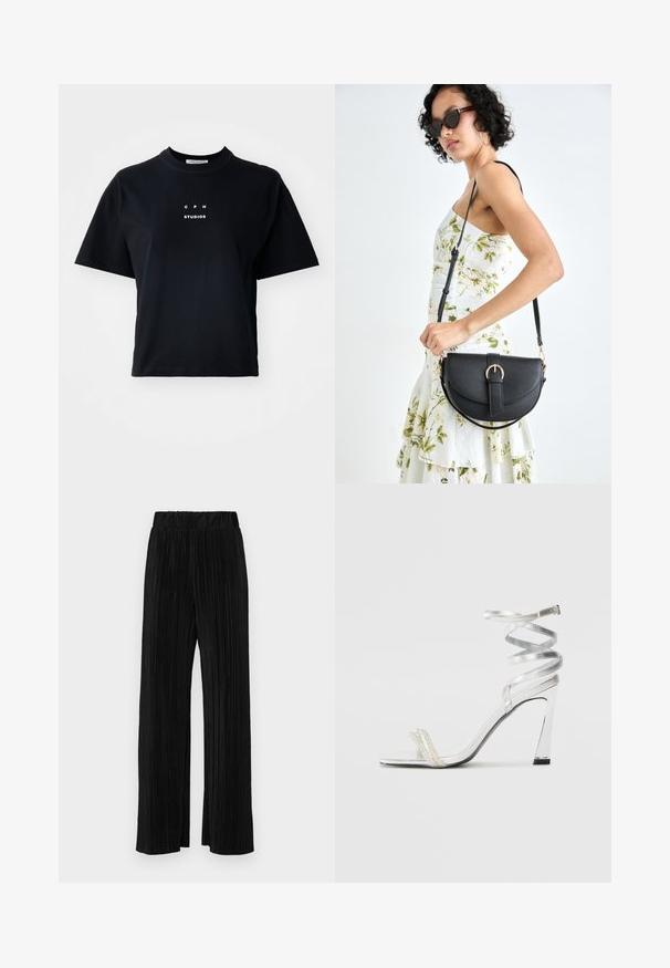 Black short-sleeve T-shirt made of cotton featuring a crew neck and a printed logo that reads "C P H STUDIOS" centered on the front.; Black pleated trousers with an elastic waistband. Features wide legs and a smooth, textured fabric with vertical stripes.; Silver high-heeled sandal with a shiny strap design, featuring a pearl-like accent and a spiraled ankle strap for secure fit.; Black leather handbag with a curved shape, detachable strap, and gold hardware. The bag features a flap with a buckle detail.