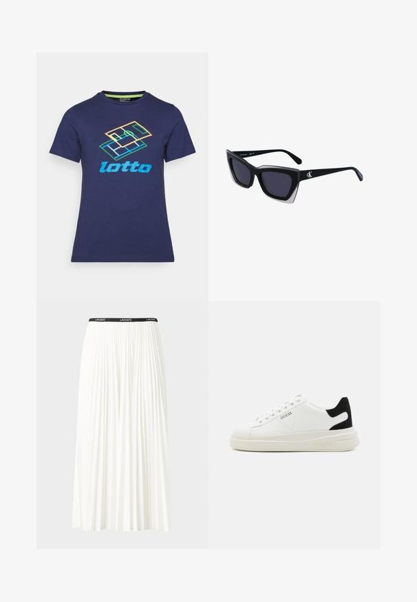 Marineblå bomullst-skjorte med korte ermer, med et flerfarget Lotto-logo og geometrisk design trykket på forsiden.; Plissert hvit skjørt med en svart elastisk midje som har "LACOSTE"-logoen. Midjelengde design med myk tekstur.; Hvite lær sneakers med tykk hvit såle, svart semsket hælforsterkning og preget logo på siden. Snøresystem med seks hull.; Store svarte solbriller i overdimensjonert størrelse med geometrisk form, med mørke linser og en kontrasterende grå detalj på rammen. Logo på armen.