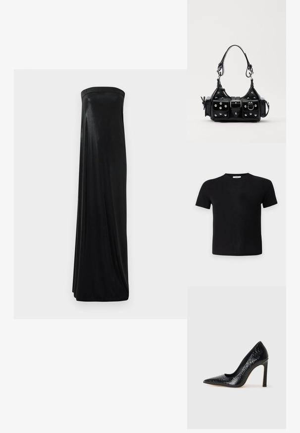 Black short-sleeve t-shirt made of soft fabric. Features a classic crew neckline and a straight hem for a simple, versatile design.; Black strapless maxi dress made of smooth, shiny fabric. Features a fitted bodice and flowing silhouette, reaching the floor without embellishments.; Black pointed-toe high heel shoe with a crocodile-skin texture, featuring a sleek design, high stiletto heel, and smooth black interior.; Black leather handbag with a curved design, featuring silver studs, a buckle, and two side pockets. Adjustable strap for carrying options.