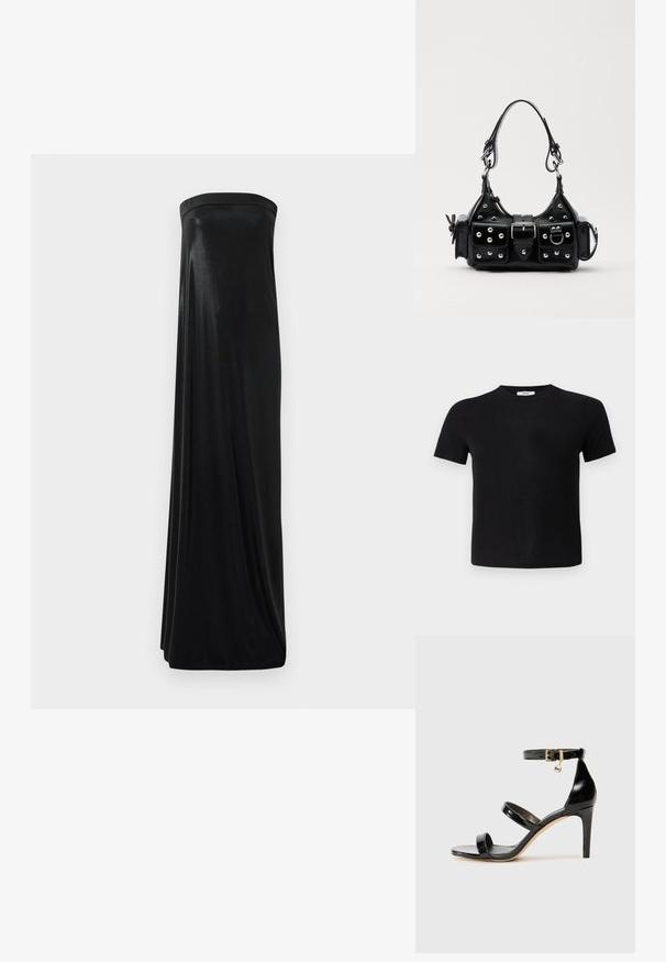 Sort kortærmet t-shirt lavet af blødt stof. Har en klassisk rund halsudskæring og en lige kant, hvilket giver et enkelt og alsidigt design.; Sort stropløs maxikjole lavet af glat, skinnende stof. Har en tætsiddende bodice og en svungende silhuet, der når gulvet uden udsmykninger.; Sorte patenterede lædersandaler med tre stropper, ankelspænde og 10 cm stiletthæl. Har detaljer i guld og et logo charms.; Sort læderhåndtaske med et buet design, prydet med sølvfarvede nitter, en spænde og to sidelommer. Justerbar rem til forskellige bære muligheder.