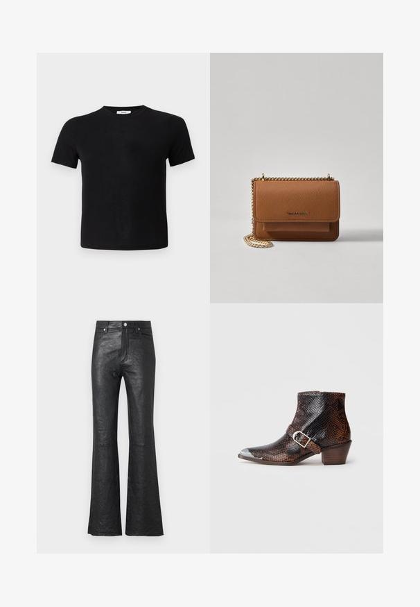 Melna īsa piedurkne T-krekls, kas izgatavots no mīksta auduma. Tam ir klasiskā apaļā izgriezuma kakla līnija un taisna apakšmala, kas nodrošina vienkāršu, daudzveidīgu dizainu.; Melna ādas izplešanās bikses ar grumbuļotu tekstūru, augstu vidukli, priekšējām kabatām un klasisku pogu aizdari ar rāvējslēdzēju.; Melnas un brūnas čūskas raksta potītes zābaki ar sudraba purngaliem, sprādzes akcentu un zemu koka papēdi. Gluda tekstūra, pielāgota forma.; Brūna teksturēta ādas plecu soma ar zelta ķēdes siksnu un atloka aizdari. Priekšpusē ir logotipa detaļa un kabata zem atloka.