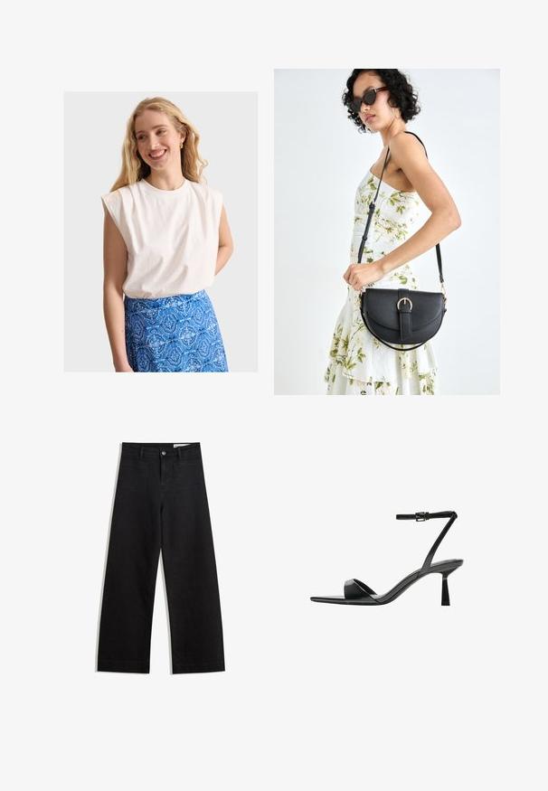 Vit bomullslös topp med rundad halsringning, kapad med en blå mönstrad kjol med blommönster och paisleydesign.; Svarta vida denimbyxor med hög midja, med fram- och bakfickor, sydda sömmar och knappstängning. Slät textur.; Bershka Sandaletter - black; Svart läderhandväska med en böjd form, avtagbar rem och guldiga detaljer. Väskan har ett lock med en spänndetalj.