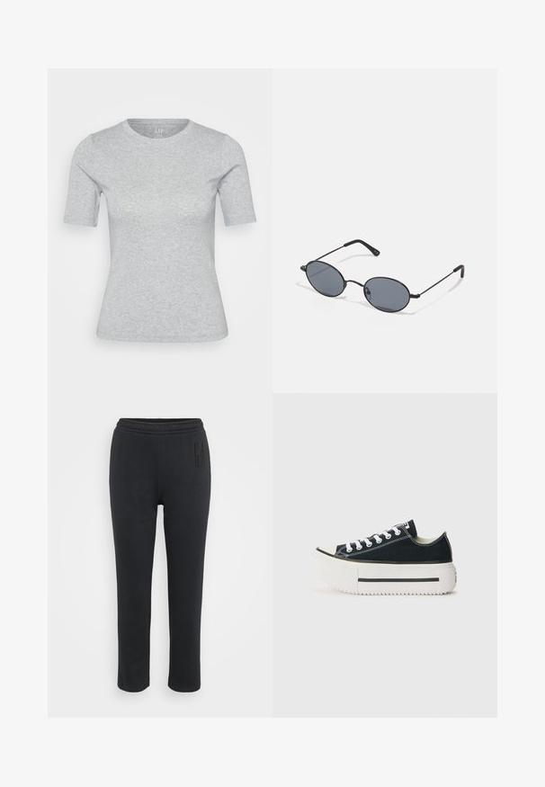 Világosszürke, rövid ujjú póló, puha pamutkeverék anyagból készült. Kerek nyakkivágással és testhezálló szabással rendelkezik. Minimalista stílus, díszítések nélkül.; Fekete melegítőnadrág, rugalmas derékpánttal, csekkolt formával és diszkrét logóval a bal lábszáron. Puha, sima anyagból készült.; Fekete vászon tornacipők fehér gumitalppal, vastag platformmal, fehér fűzőkkel és kontrasztos varrással az illesztéseknél.; Fekete ovális napszemüveg sötét lencsékkel és vékony fémborítással. Karcsú szárakkal rendelkezik, melyek végén finom ív található.