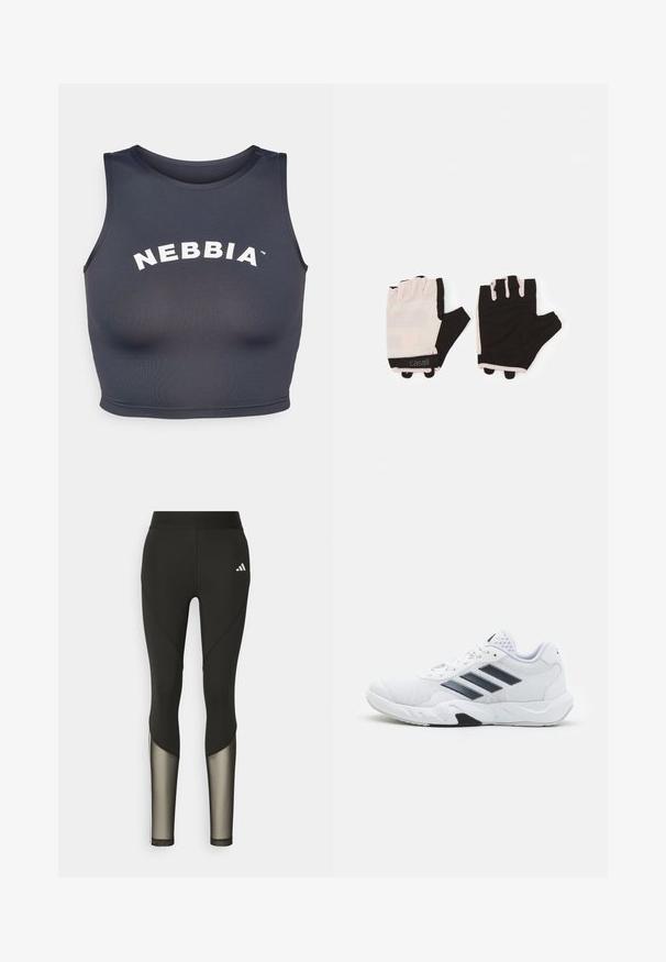 Športni top v temno sivi barvi, izdelan iz mehkega in raztegljivega materiala. Ima okroglo ovratnico in bel napis "NEBBIA" v ukrivljenem dizajnu.; Črne športne legice z visokim pasom, ki imajo mrežaste detajle na spodnjem delu nogavic in vezeno logotip na boki.; Bela atletska čevlja z mrežastim zgornjim delom, tremi črnimi črtami na strani, teksturiranimi dodatki in trdim gumijastim podplatom z kontrastnim črnim delom.; Fitnes rokavice z oblikovanjem v svetlo roza in črni barvi, izdelane iz zračnega materiala, z nastavljivim zapestnim trakom in teksturiranimi oprijemnimi detajli.