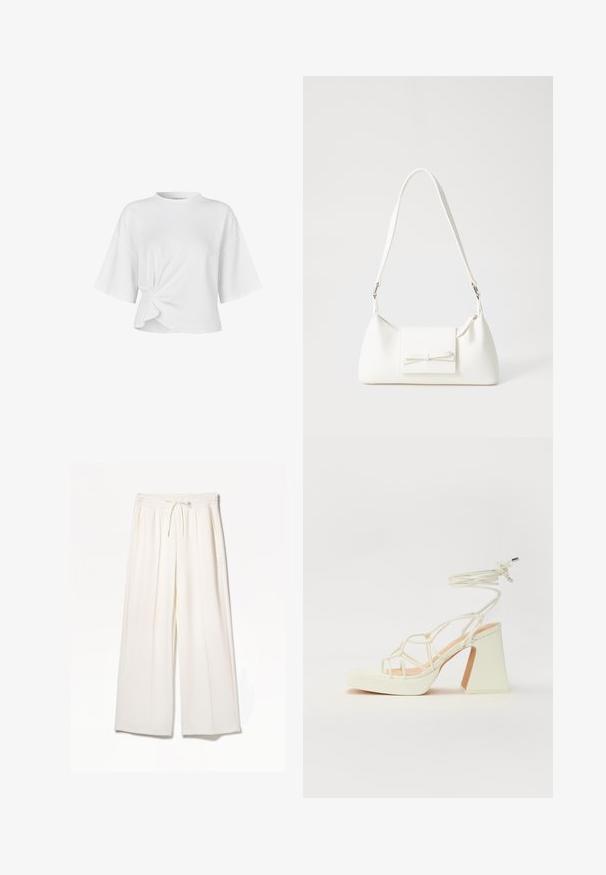 Bílá krátkosá t-shirt vyrobená z hladké bavlny. Obsahuje kulatý výstřih a uzlový detail v přední části, čímž vytváří asymetrický tvar.; Bílé široké kalhoty vyrobené z lehkého materiálu, s elastickým pasem, tkaničkou a bočními kapsami, bez viditelných vzorů.; Bílé sandály na vysokém podpatku s robustním podpatkem, s designem s pásky a zavazováním kolem kotníku. Hladký povrch s platformou vpředu pro zvýšení výšky.; Bílá syntetická kabelka v trojúhelníkovém tvaru, s plochým předním klopným víkem a detailem mašle, nastavitelným popruhem, hladkým povrchem a minimalistickým designem.