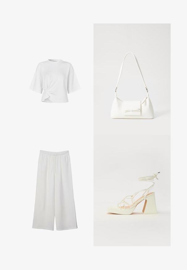 Bílá krátkosá t-shirt vyrobená z hladké bavlny. Obsahuje kulatý výstřih a uzlový detail v přední části, čímž vytváří asymetrický tvar.; Bílé kalhoty s širokými nohavicemi vyrobené z lehké tkaniny, s elastickým pasem a stahovací šňůrkou pro nastavitelnou velikost. Hladká textura.; Bílé sandály na vysokém podpatku s robustním podpatkem, s designem s pásky a zavazováním kolem kotníku. Hladký povrch s platformou vpředu pro zvýšení výšky.; Bílá syntetická kabelka v trojúhelníkovém tvaru, s plochým předním klopným víkem a detailem mašle, nastavitelným popruhem, hladkým povrchem a minimalistickým designem.