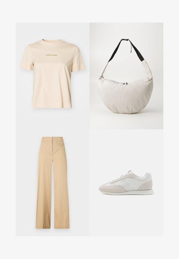 Beige pamut póló rövid ujjakkal, kerek nyakkal, és zöld "BJÖRN BORG" felirattal az elején. Kissé laza fazon.; Beige színű, bővülő lábú nadrág kevert pamut anyagból. Simás textúrával, elasztikus derékpánttal és oldalsó gombos díszítéssel rendelkezik.; Világos színű edzőcipők, fehér bőr és bézs velúr keverékével, textúrázott talppal és minimális logóval az oldalán.; Világos bézs színű, párnázott válltáska, félhold alakú. Fekete pánt, cipzáras záródás és diszkrét logó elöl. Puha tapintás.