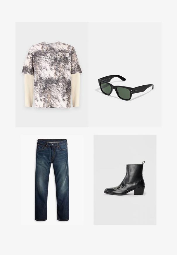 Trumpetai su trumpomis rankovėmis, su tekstūruotu pilkšvai smėlio abstrakčiu raštu, turinčiu krūtinės kišenę ir sluoksniuotomis ilgomis rankovėmis su briaunota tekstūra.; Tamsiai mėlynos džinsinės kelnės su nedideliu nusidevėjimu šlaunyse, penkių kišenių dizainas, mygtuko uždarymas ir matoma oranžinė siuvimo linija baltoje fone.; Juodos odinės ankle batai su kvadratiniu pirštu, dekoratyviomis siūlėmis ir žemu blokiniu kulnu. Turės trauktuką, kad būtų lengva apsiauti.; Juodos stačiakampės saulės akinių rėmelių su žaliais lęšiais, matinio paviršiaus, subtiliais detalėmis ir iškilniu logotipu ant šventyklos.