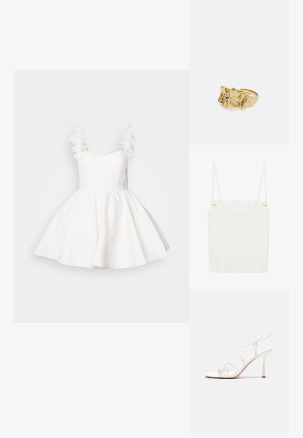 Biela top s tenkými ramienkami, so vlnitým čipkovým výstrihom a malým kvetinovým zdobením po boku. Hladká textúra, jednoduchý dizajn.; Biele šaty s priliehavým korzetom a rozšírenou sukňou. Obsahujú pierkové akcenty na ramienkach a hladkú, textúrovanú tkaninu.; Biele sandále na vysokom podpätku so štíhlym remienkom okolo členku a plochou základňou na prsty, textúrovaný predok so zhluky akcentov.; Zlatý prsteň s textúrovaným, vlnitým dizajnom, ktorý má tri výrazné vrcholy. Hladký, lesklý povrch a otvorený pásik pre nastaviteľné prispôsobenie.