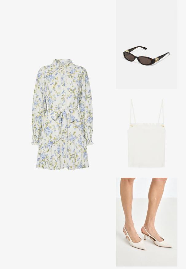 Top de camiseta blanca con tirantes finos, que presenta un escote de encaje ondulado y un pequeño adorno floral en el lateral. Textura suave, diseño simple.; Vestido floral en blanco con flores azules y verdes, con cuello, cierre frontal de botones, mangas largas con puños elásticos y cinturón a la cintura.; Tacones slingback de charol beige con punta afilada y un tacón de 5 cm, con lados recortados y una delgada correa en el tobillo.; Gafas de sol carey con lentes ovalados alargados, tintado marrón, acentos de logo dorado en las patillas y brazos negros elegantes.; Bolso de mano beige con un patrón y forma curva, acentos de cuero y un logo tono dorado en la parte frontal. Cuenta con un asa corta para un fácil transporte.; Collar de perlas y cristales con un diseño redondo y abalorado en tonos suaves, que presenta perlas alternadas y acentos brillantes, llevado alrededor del cuello.