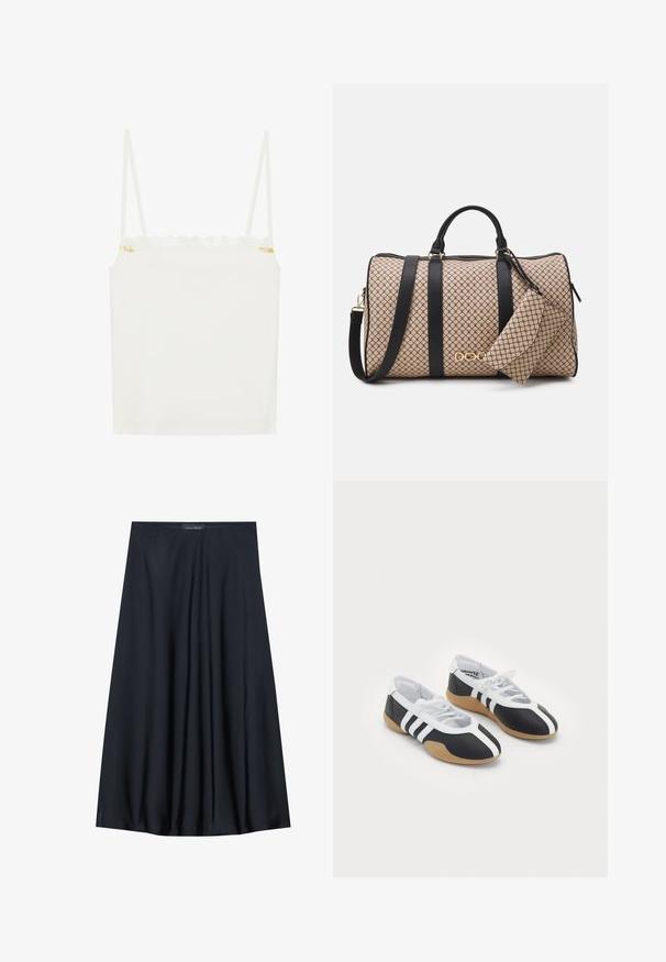 White camisole top with thin straps, featuring a scalloped lace neckline and small floral accent on the side. Smooth texture, simple design.; Black, knee-length skirt made of lightweight fabric with a flowy design. Features a smooth texture and subtle pleats for added detail.; Black and white athletic shoes with a sleek design, rubber sole, lace-up closure, and three white stripes on the sides.; Duffle bag with a beige patterned exterior, black leather straps, gold hardware, and a small matching pouch attached. Structured design.; Gold-tone rectangular wristwatch with a white dial, silver-tone hour markers, and a durable metal link bracelet. Water-resistant feature included.