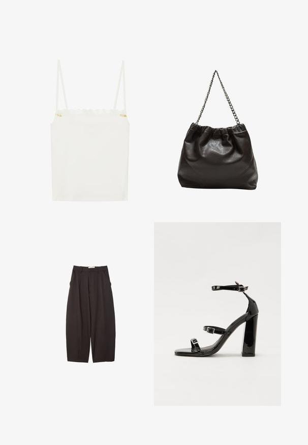 Bela majica na bretele s tankim trakama, s oštrim čipkastim dekolteom i malim cvjetnim naglaskom sa strane. Glatka tekstura, jednostavan dizajn.; Črne široke hlače iz gladkega materiala, z visokim pasom, zgornjimi pregibi in stranskimi žepi. Preprost dizajn brez okrasnih elementov.; Črne lakirane sandale s peto, kvadratnim prstom, trakovi okrog gležnja in srebrnimi zaponkami. Opremljene so s stabilno Debelo peto.; Rjava usnjena torba z nabranim vrhom in verižnim trakom. Gladka tekstura z sijajno površino in subtilnimi šivi na straneh.