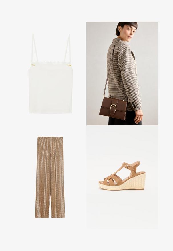 Balta moteriška maikė su plonais petnešomis, turinti banguotą nėrinių apykaklę ir mažą gėlių akcentą šone. Lygus paviršius, paprastas dizainas.; Šviesiai rudos spalvos klostuotos kelnės, pagamintos iš blizgaus audinio, su tekstūruotu zigzago raštu ir elastinga juosmens juosta patogumui.; Šviesiai rusvi platforminiai sandalai su kryžminiu dirželiu, reguliuojamu kulkšnies sagtim ir tekstūruotu pintiniu espadrilės tipo platformu.; Rudas odinis per petį nešiojamas krepšys su auksinės spalvos sagtimi, stačiakampio formos, lygia tekstūra ir nuimamu dirželiu.