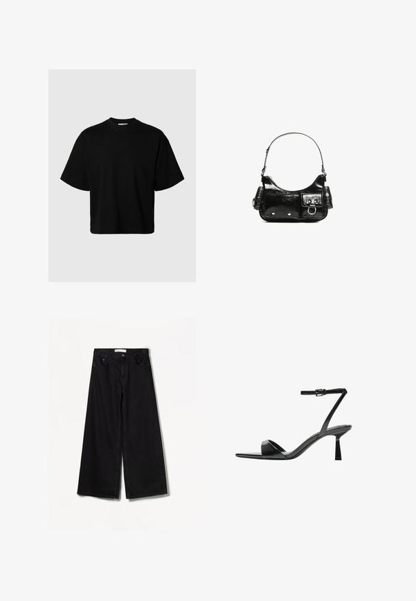 Čierne tričko s krátkym rukávom a okrúhlym výstrihom, s mierne voľným strihom, vyrobené z hladkej látky, bez viditeľných vzorov alebo akcentov.; Bershka WIDE-LEG - Široké nohavice - black; Bershka Sandále na vysokom opätku - black; Čierna laková kožená kabelka s ohnutým tvarom, jedným ramenným popruhom, prednými vreckami a striebornými kovovými doplnkami.