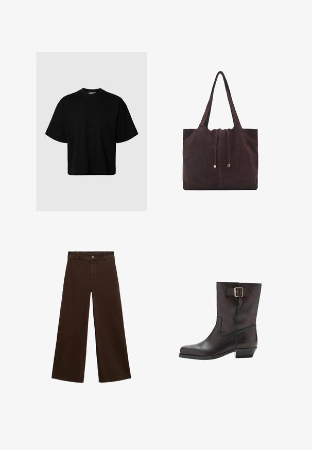 Musta lyhythihainen t-paita pyöreällä pääntiellä, hieman ylisuuri mitoitus, valmistettu sileästä kankaasta ilman näkyviä kuvioita tai yksityiskohtia.; Ruskeat leveät housut puuvillasekoituksesta, joissa on revitty helma, etunappikiinnitys ja perinteinen viisi-taskuinen muotoilu. Minimalistiset ja monikäyttöiset.; Mustat nahkaiset nilkkurit, joissa on pyöreä varvas, matala lohko korko, sivussa elastinen paneeli ja kultainen solki nilkkahihnassa.; Mango Shopping bag - dark brown